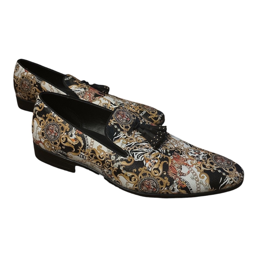 Aldo Mens Baroque Tiger Print Tassel Loafers Black Gold Slip On Shoes Size 10 - Picture 8 of 9